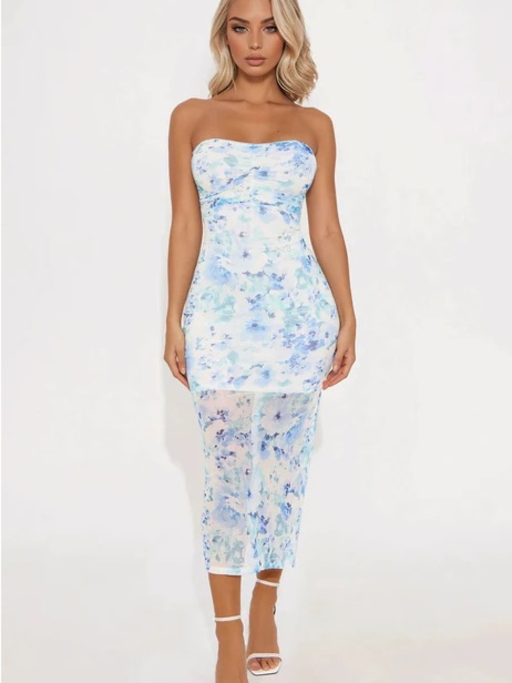 🥶 Fashion Nova Strapless Light Blue Floral Midi Dress - Picture 5 of 7